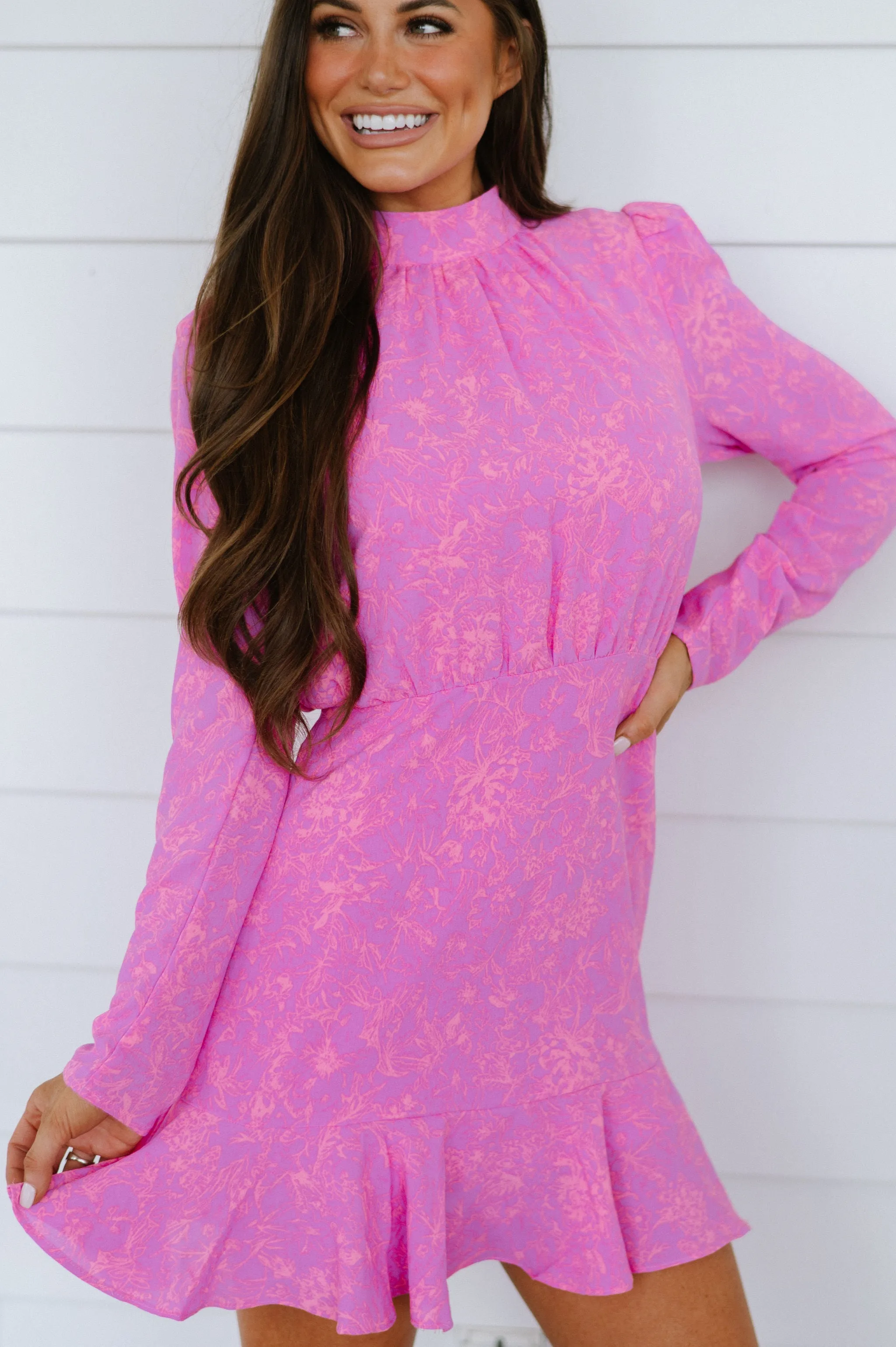 Flounced Hem Floral Dress- Pink