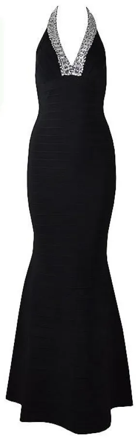 'Geena' Beaded V-Neck Halter Bandage Gown - Black