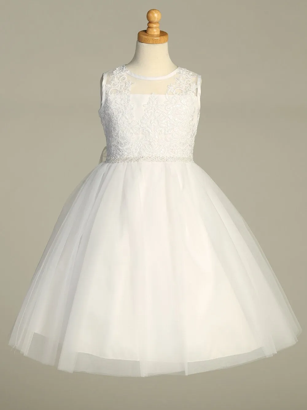 Girls White First Communion Dress w/ Corded Tulle & Sequins (204)