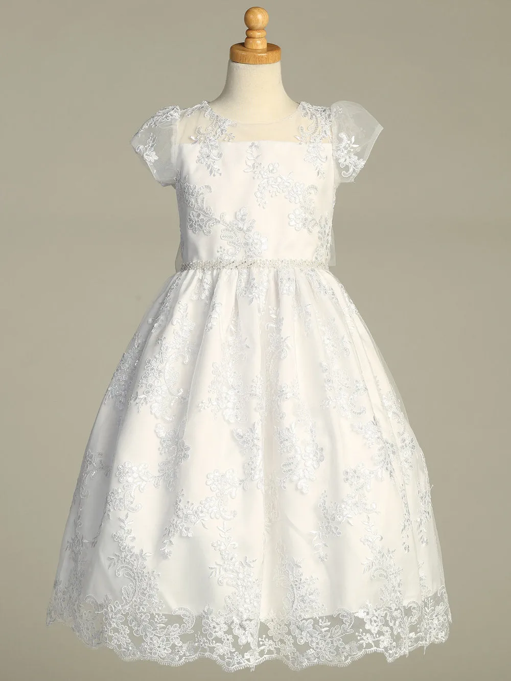 Girls White First Communion Dress w/ Embroidered Tulle & Sequins (202)