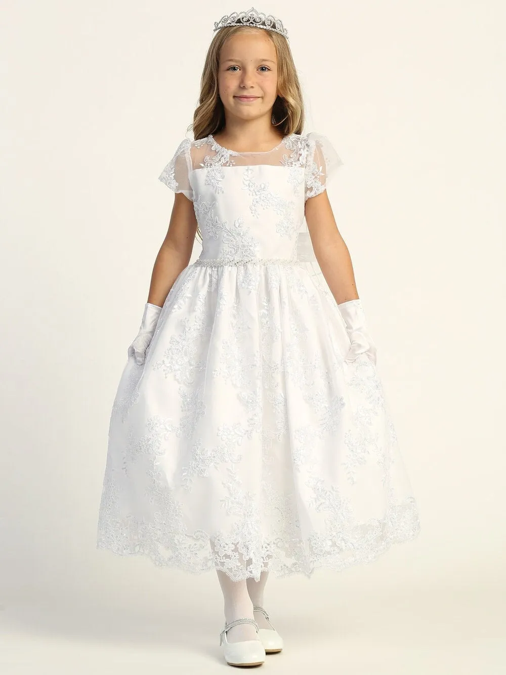 Girls White First Communion Dress w/ Embroidered Tulle & Sequins (202)