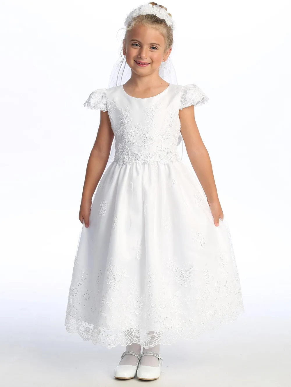 Girls White First Communion Dress w/ Embroidered Tulle & Sequins (209)