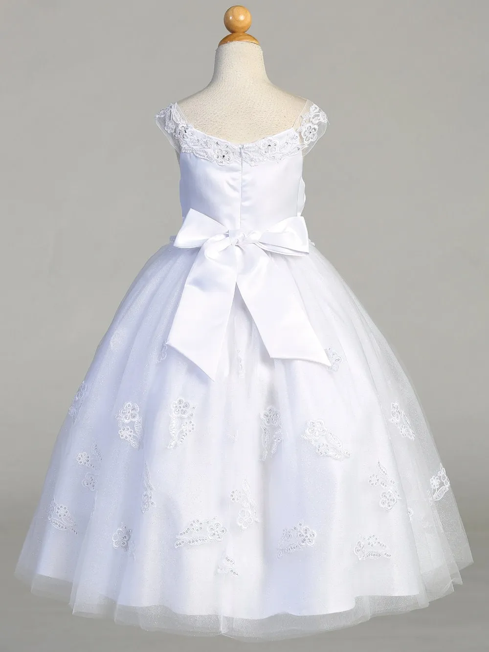 Girls White First Communion Dress w/ Satin Bodice (711)