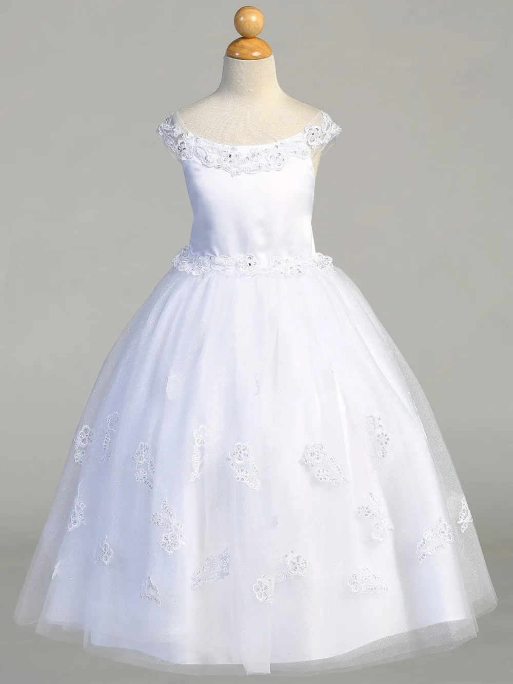 Girls White First Communion Dress w/ Satin Bodice (711)