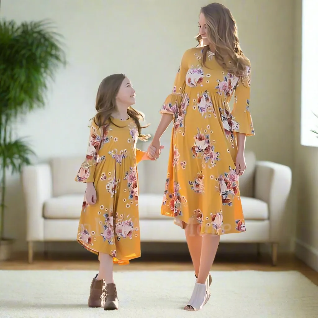 Girls Yellow Floral Maxi Dress, Mommy and Me Dress, Size 4/5/6/7, Yellow