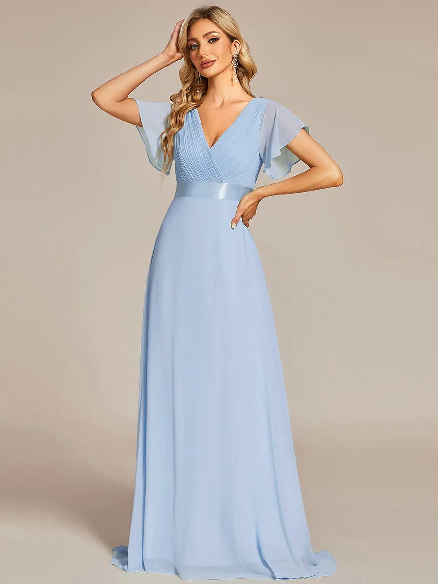 Glamorous Double V-Neck Ruffles Padded Wholesale Chiffon Evening Dresses