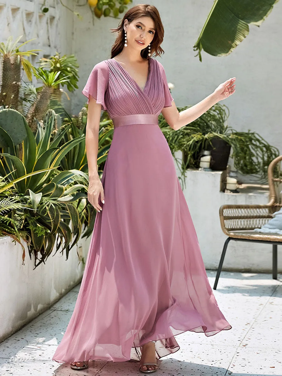 Glamorous Double V-Neck Ruffles Padded Wholesale Chiffon Evening Dresses