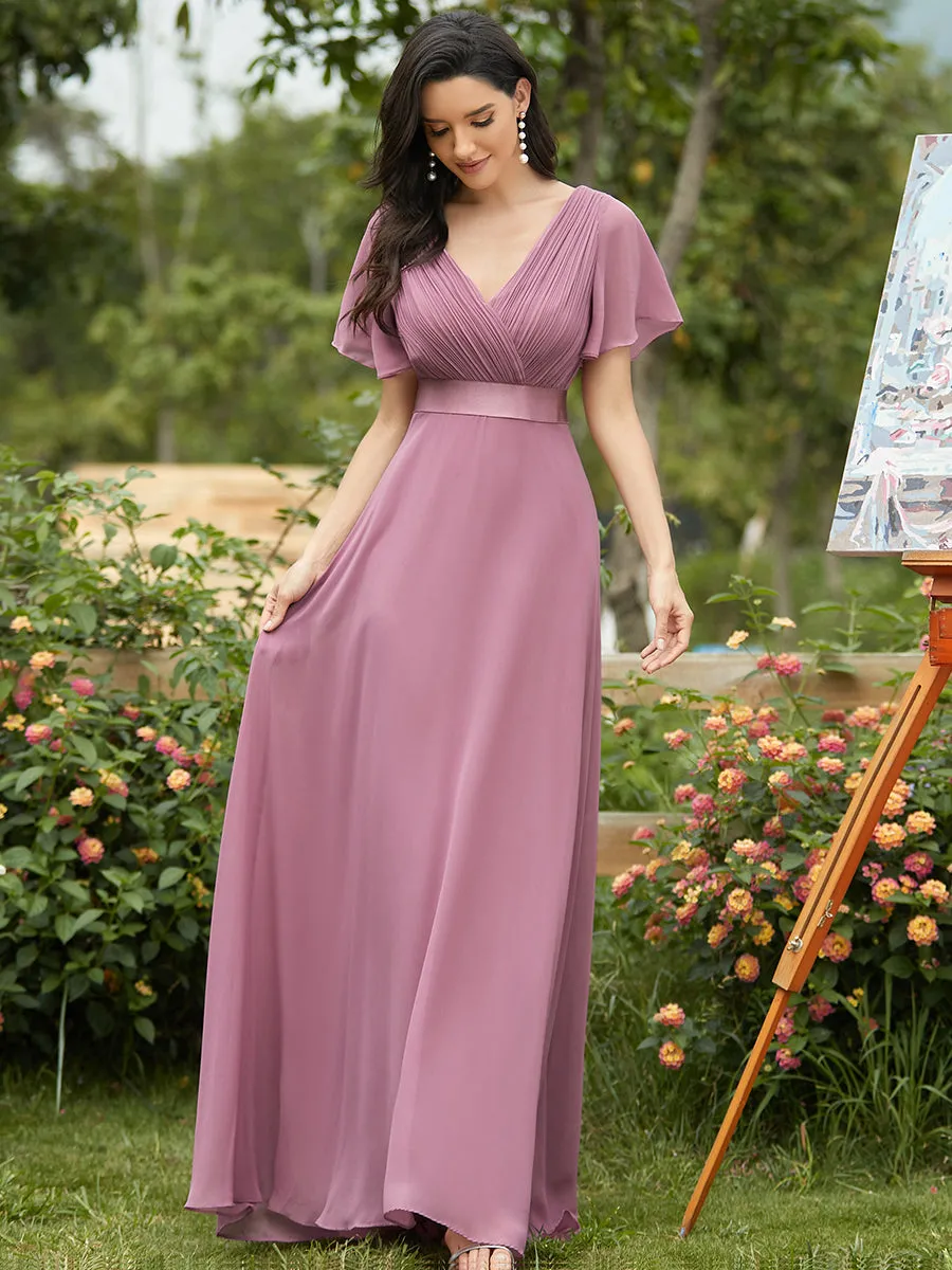 Glamorous Double V-Neck Ruffles Padded Wholesale Chiffon Evening Dresses