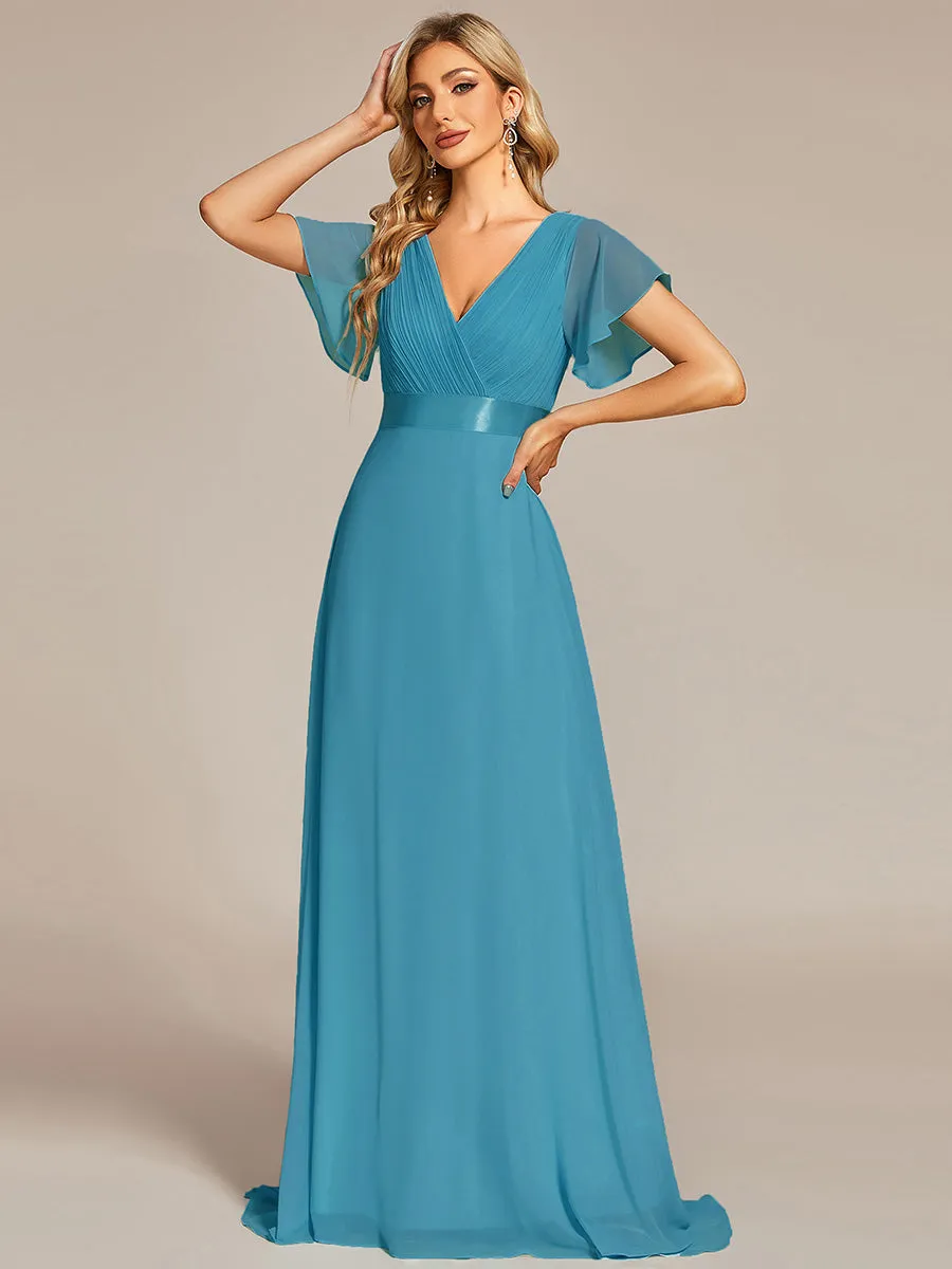 Glamorous Double V-Neck Ruffles Padded Wholesale Chiffon Evening Dresses