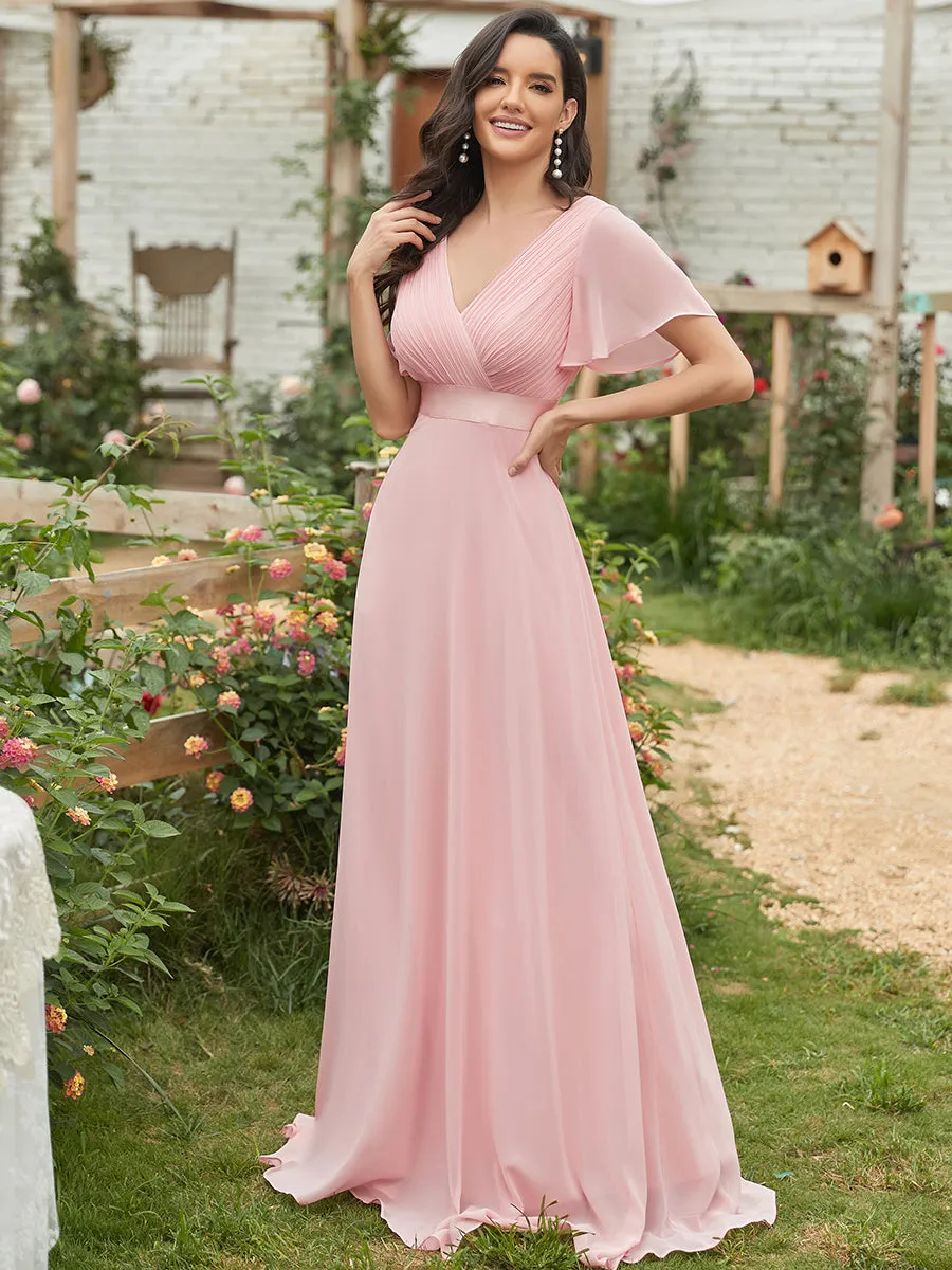 Glamorous Double V-Neck Ruffles Padded Wholesale Chiffon Evening Dresses