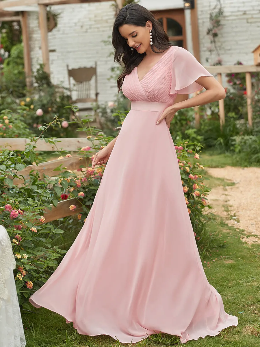 Glamorous Double V-Neck Ruffles Padded Wholesale Chiffon Evening Dresses