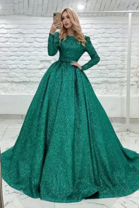 Glitter Tulle Long Sleeve Ball Gown Formal Dress