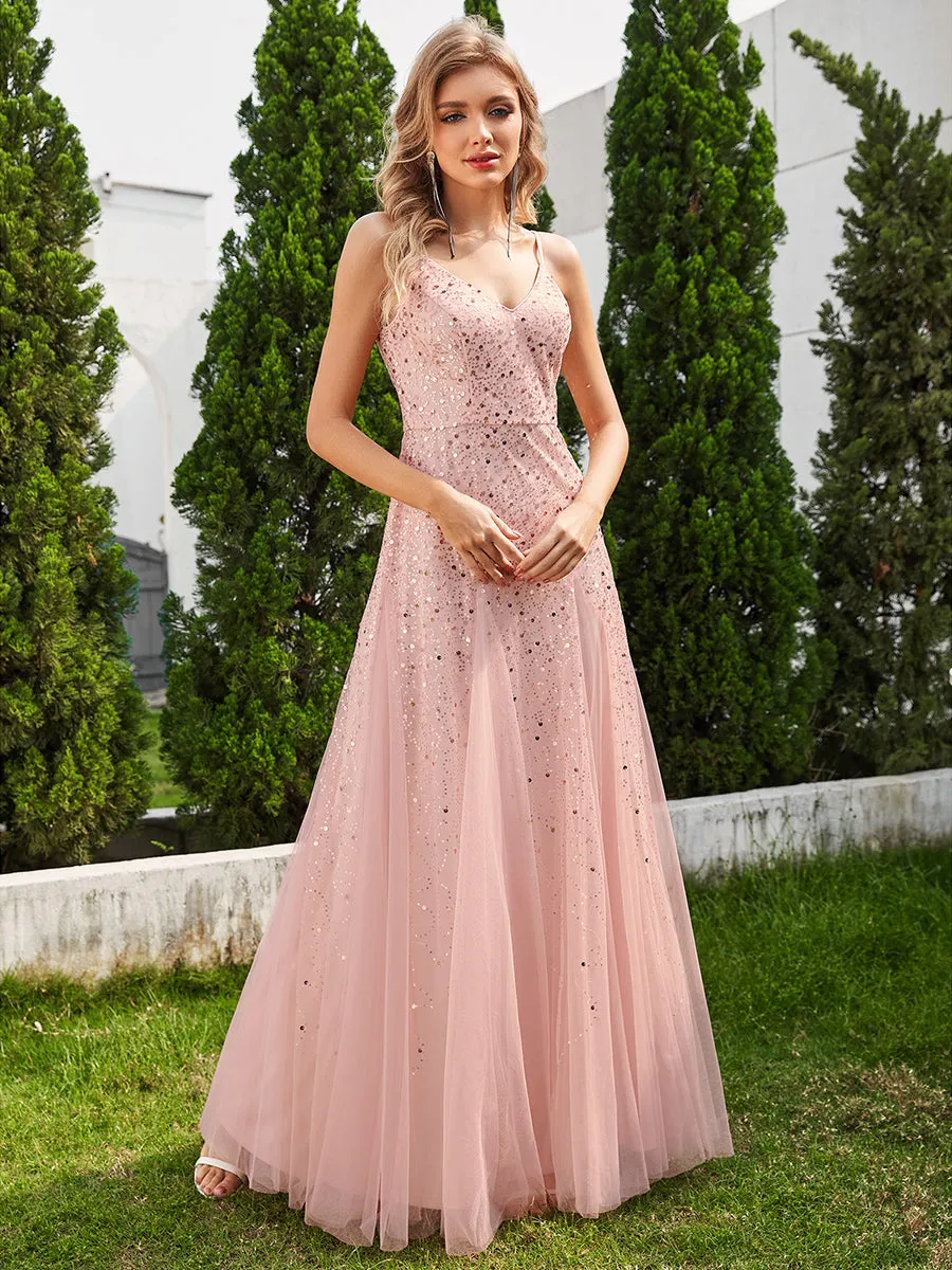 Glittery Sequin V Neck Spaghetti Strap Tulle Wholesale Bridesmaid Dress