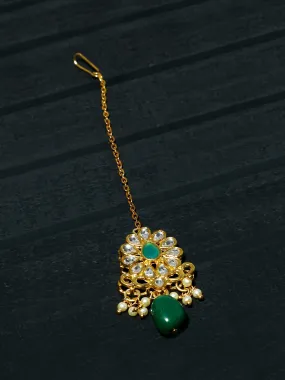 Gold Plated Green Bead Kundan Maangtikka