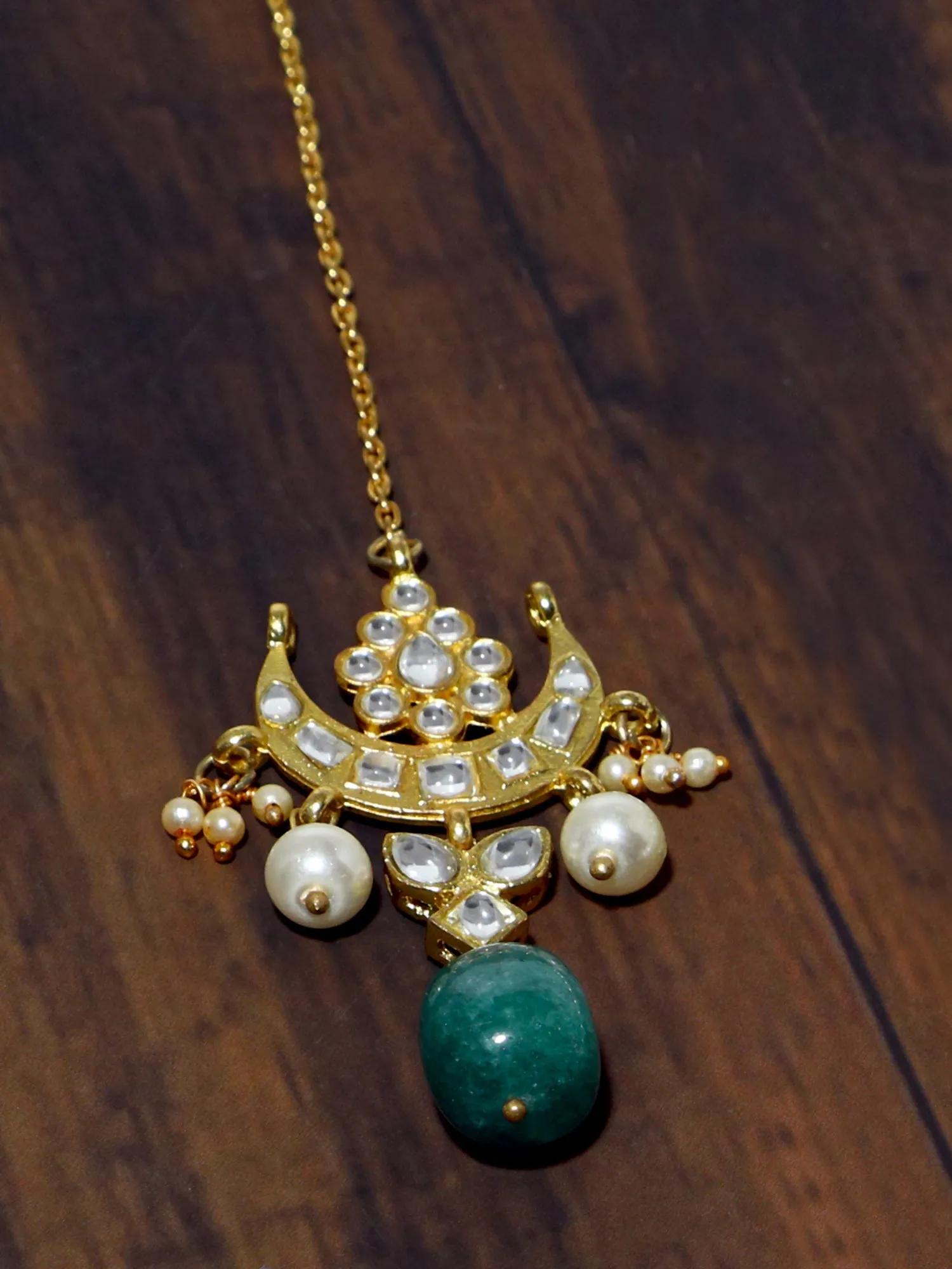 Gold Plated Green Bead Kundan Maangtikka