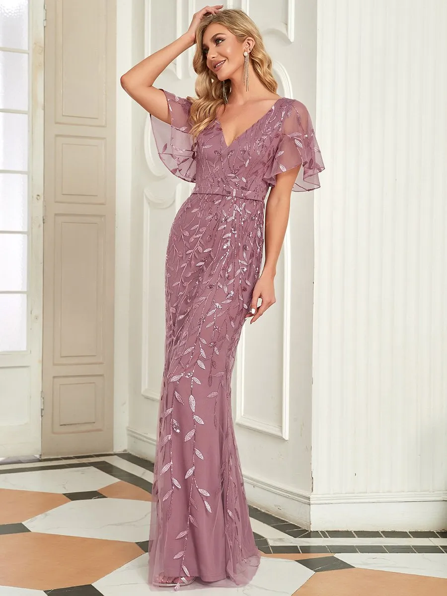 Gorgeous V Neck Leaf-Sequined Fishtail Wholesale Party Dress