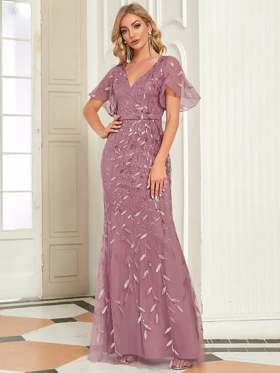 Gorgeous V Neck Leaf-Sequined Fishtail Wholesale Party Dress