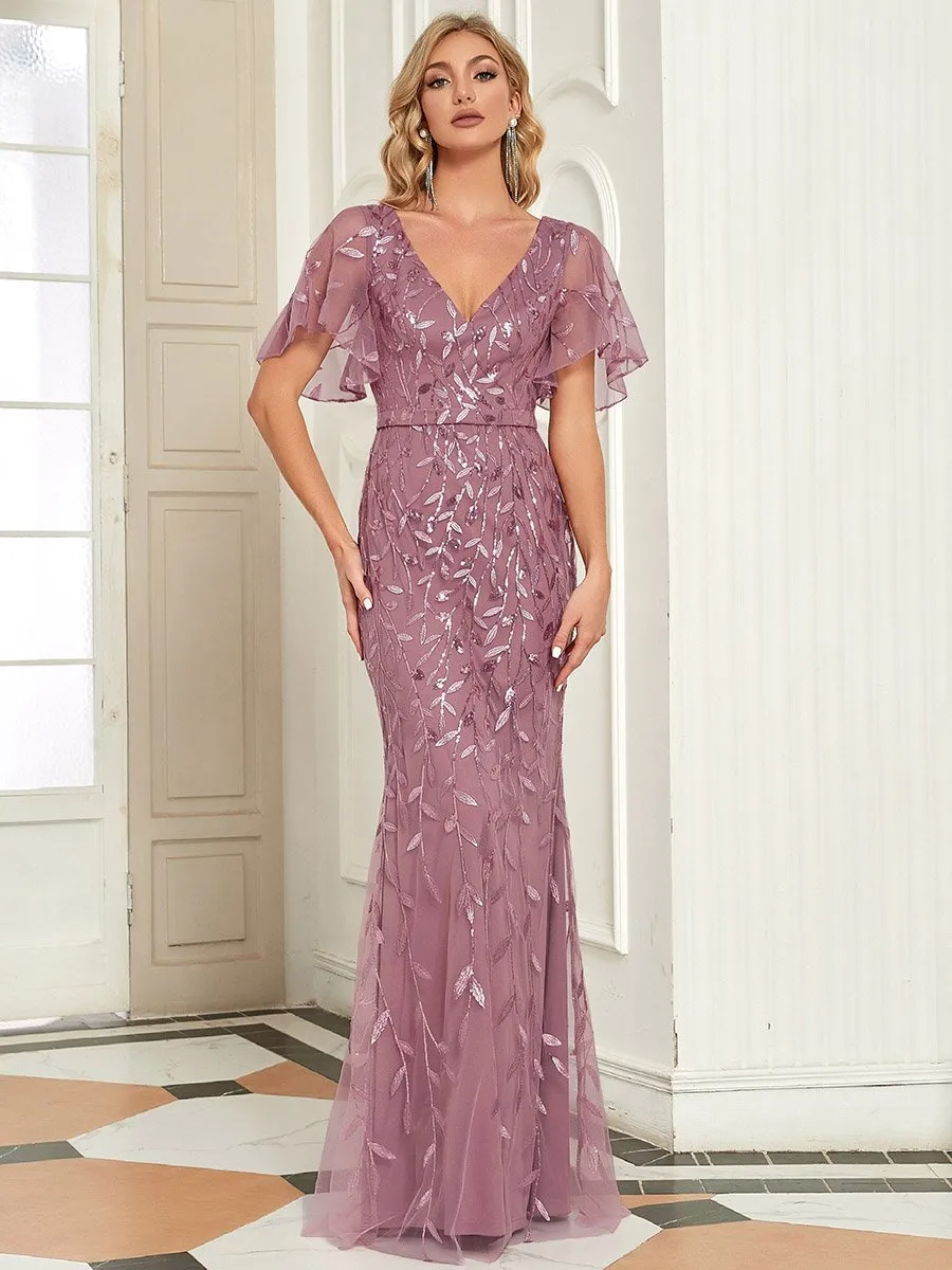 Gorgeous V Neck Leaf-Sequined Fishtail Wholesale Party Dress