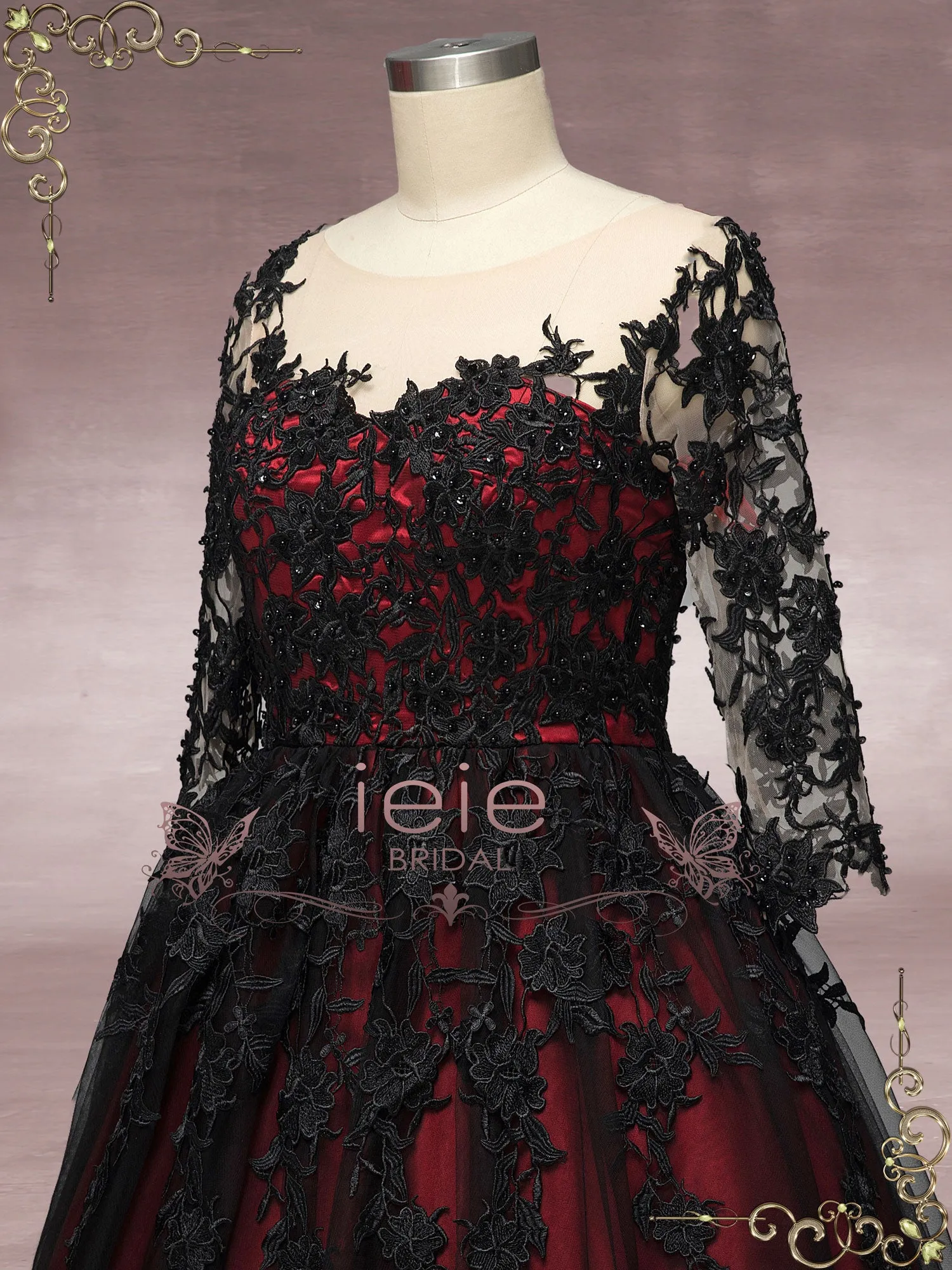 Gothic Black Lace Wedding Dress with Red Lining BLAIR