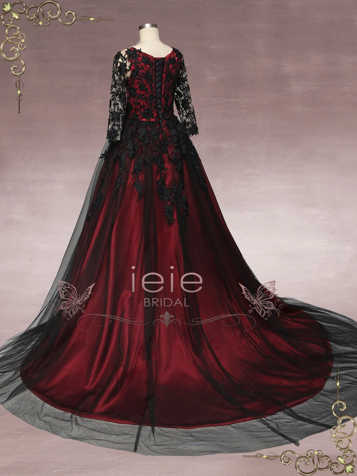 Gothic Black Lace Wedding Dress with Red Lining BLAIR