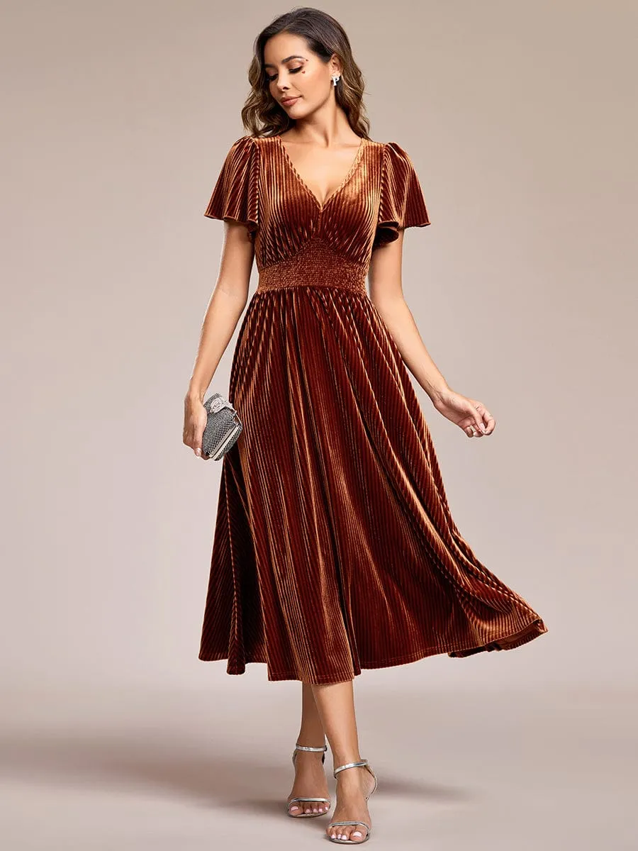 Graceful V-Neck Waist Design Short Sleeves Fall Velvet Midi Wedding Guest Dress