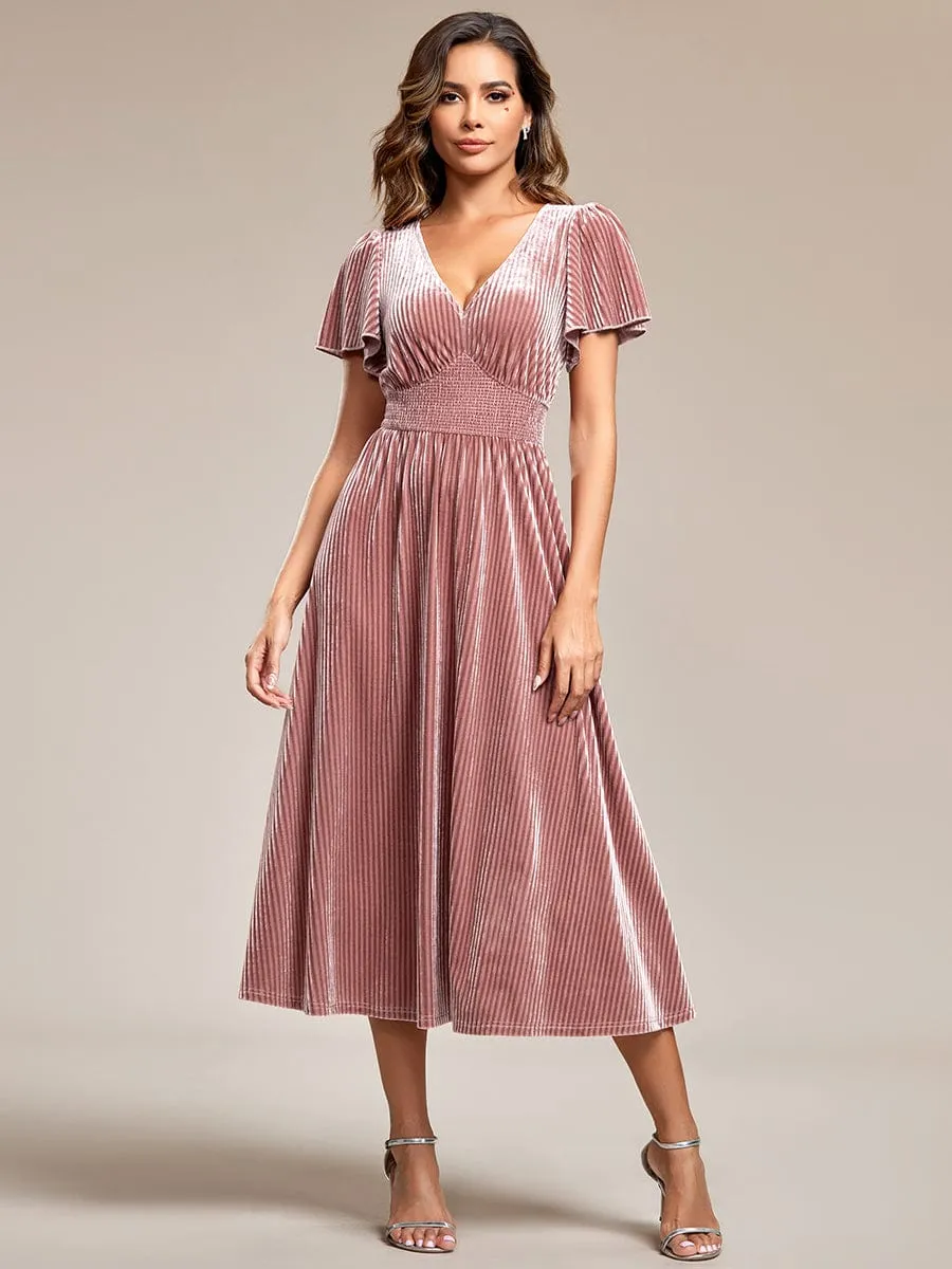 Graceful V-Neck Waist Design Short Sleeves Fall Velvet Midi Wedding Guest Dress