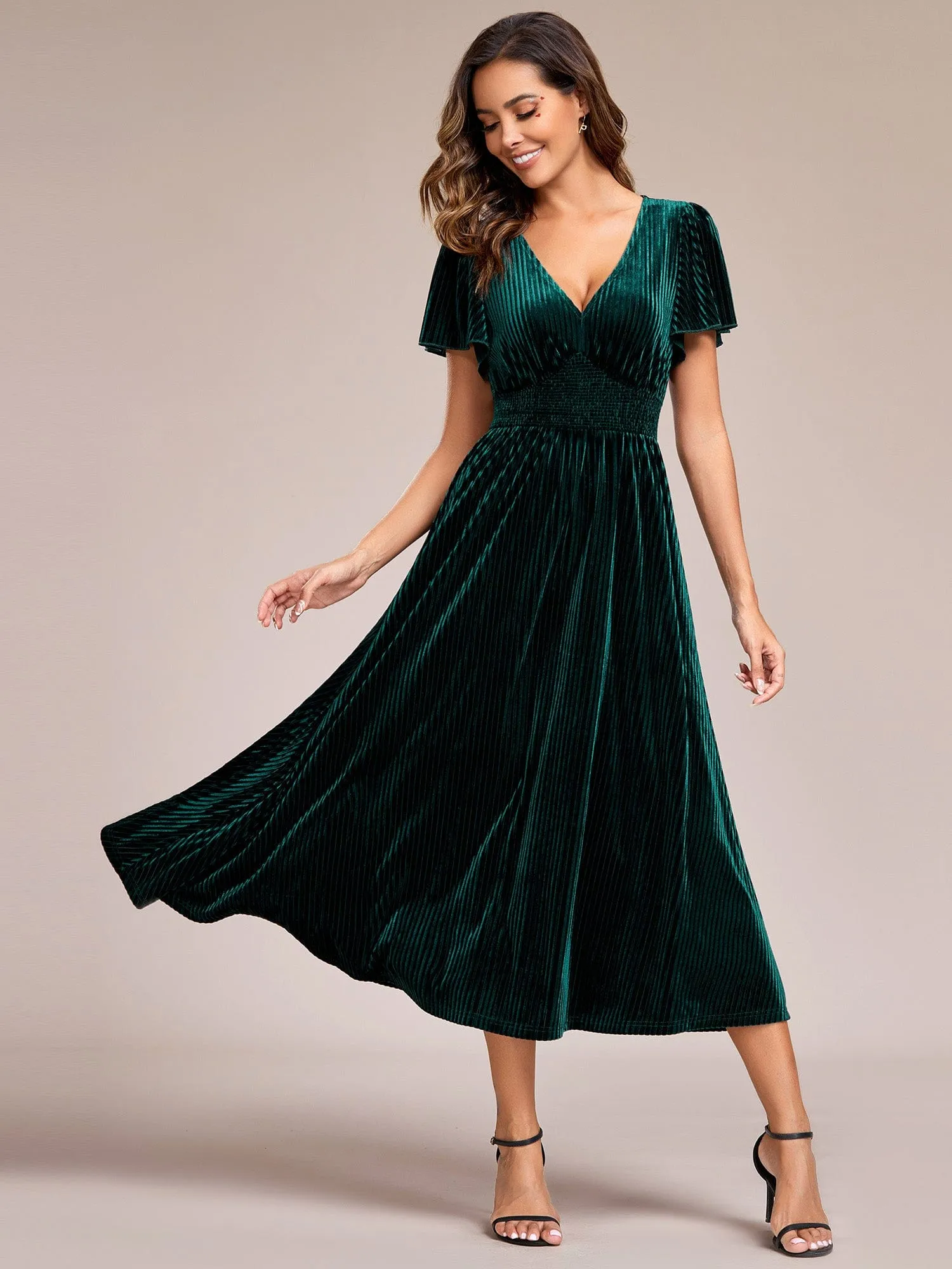 Graceful V-Neck Waist Design Short Sleeves Fall Velvet Midi Wedding Guest Dress