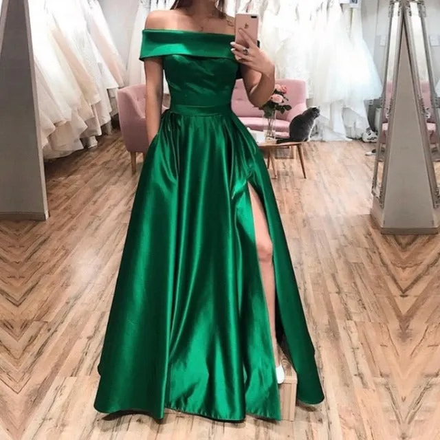 Green Satin Side Slit Pockets Evening Formal Dress EV1014