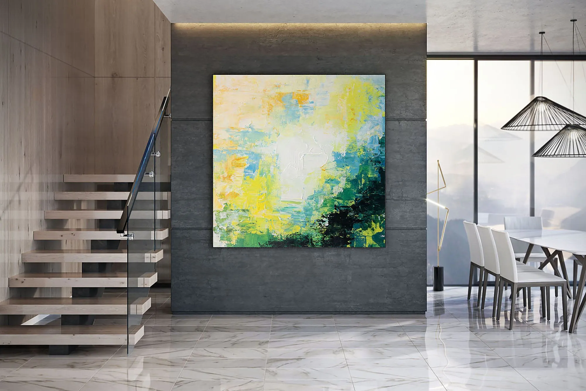 Green Yellow White Abstract Wall Art Bright Painting Art Qp018