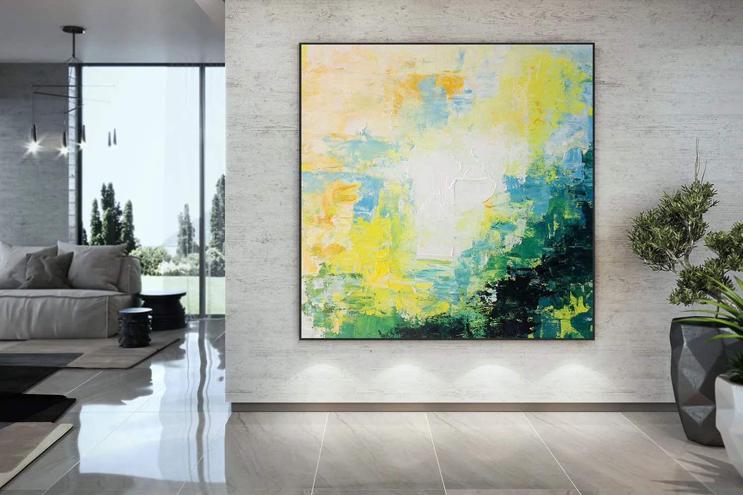 Green Yellow White Abstract Wall Art Bright Painting Art Qp018