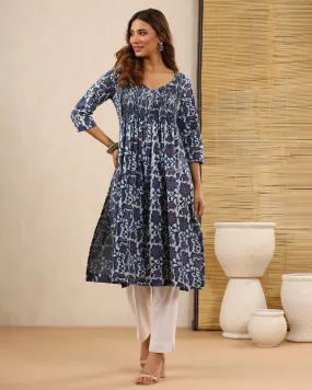 Indigo Dabu Hand Block Pleated Cotton Printex Kurti