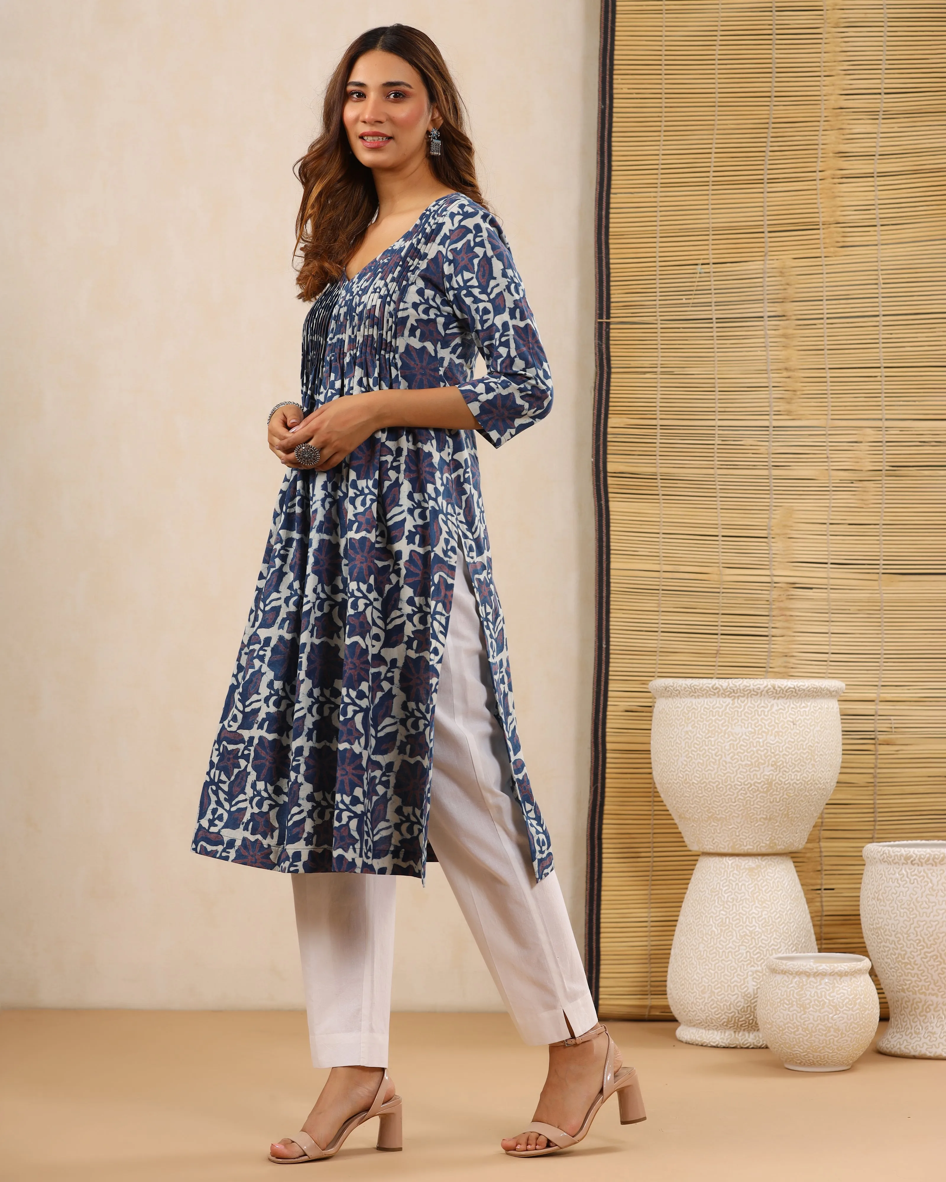 Indigo Dabu Hand Block Pleated Cotton Printex Kurti