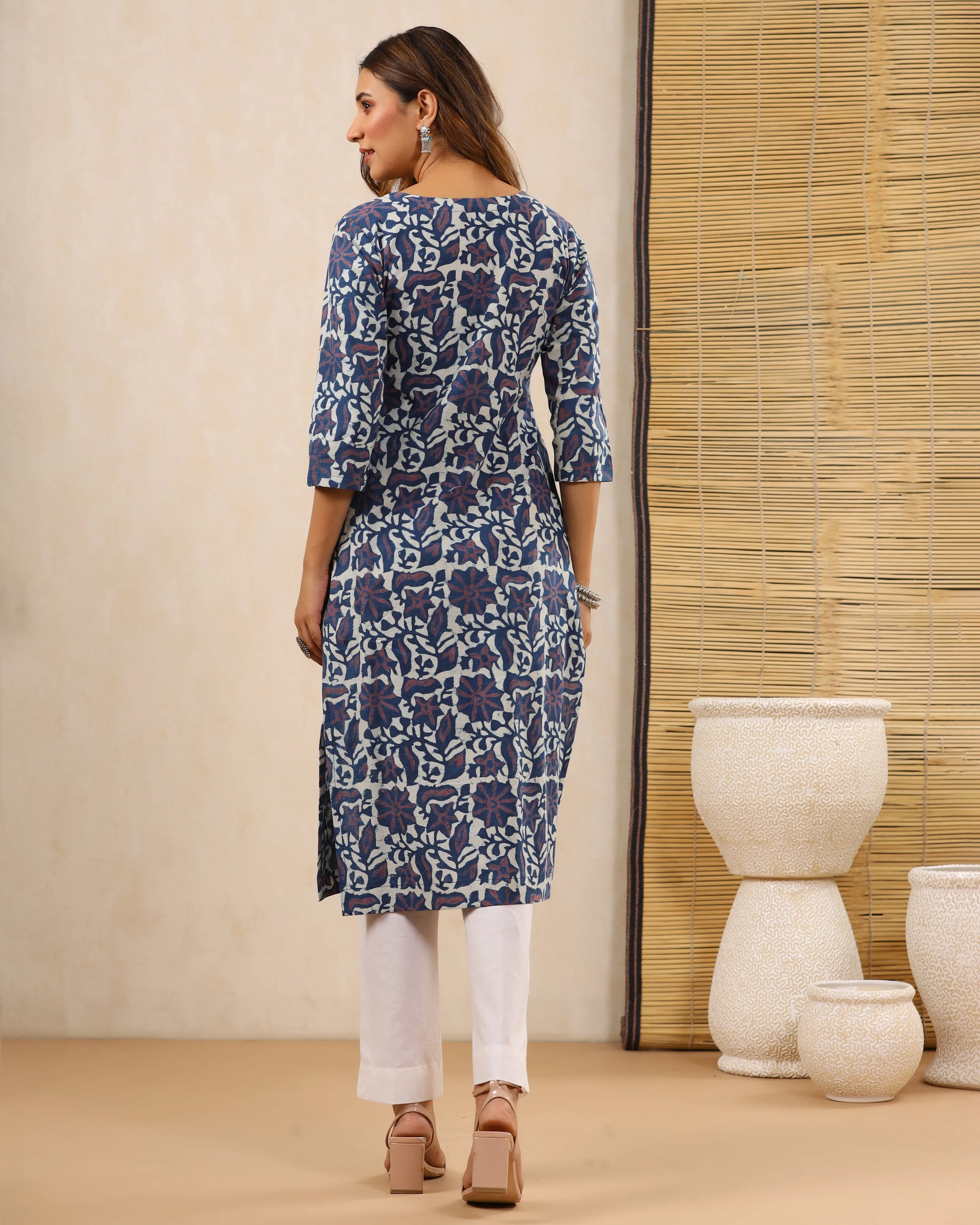 Indigo Dabu Hand Block Pleated Cotton Printex Kurti