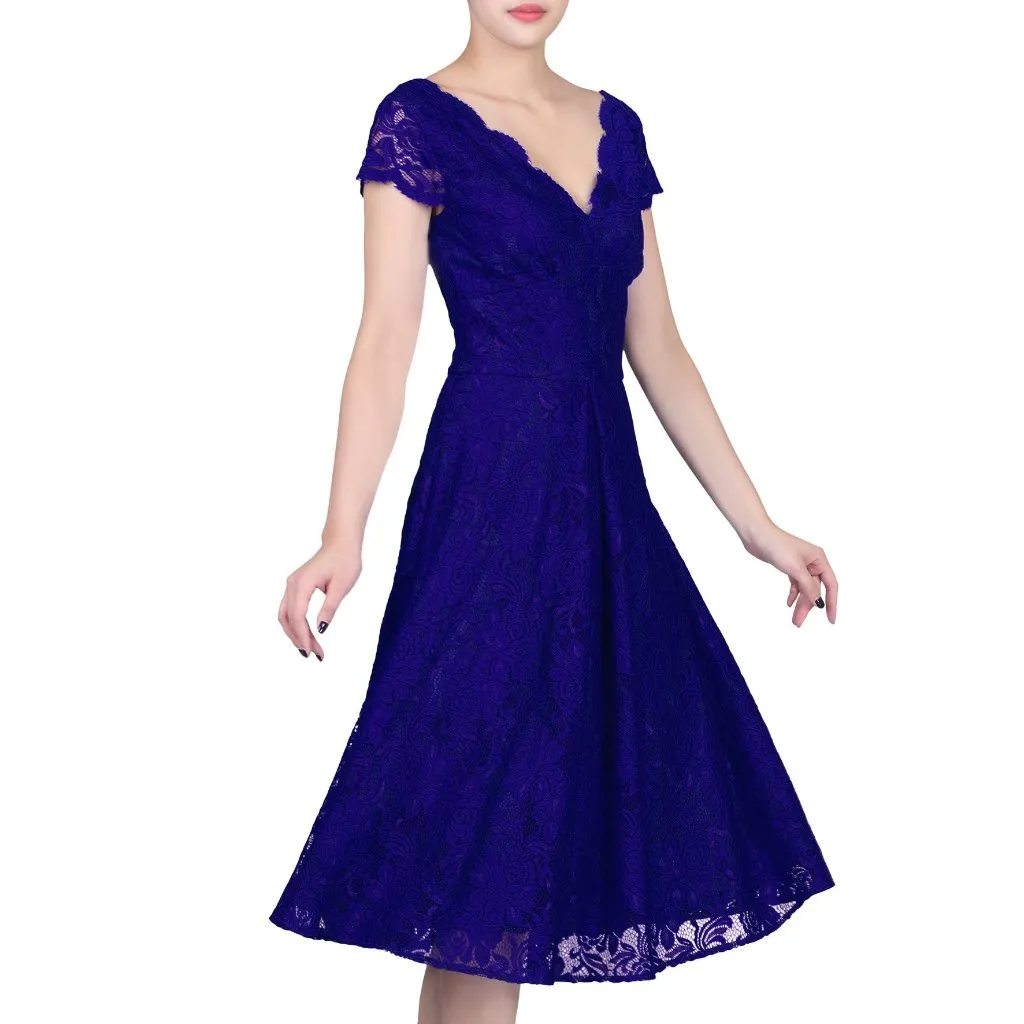 Jolie Moi Royal Blue Embroidered Lace Cap Sleeve Swing Dress