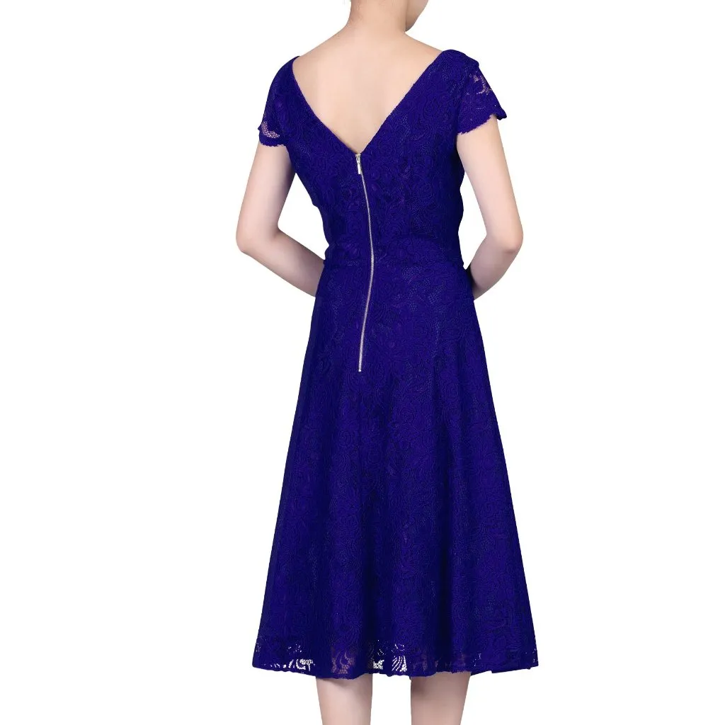 Jolie Moi Royal Blue Embroidered Lace Cap Sleeve Swing Dress