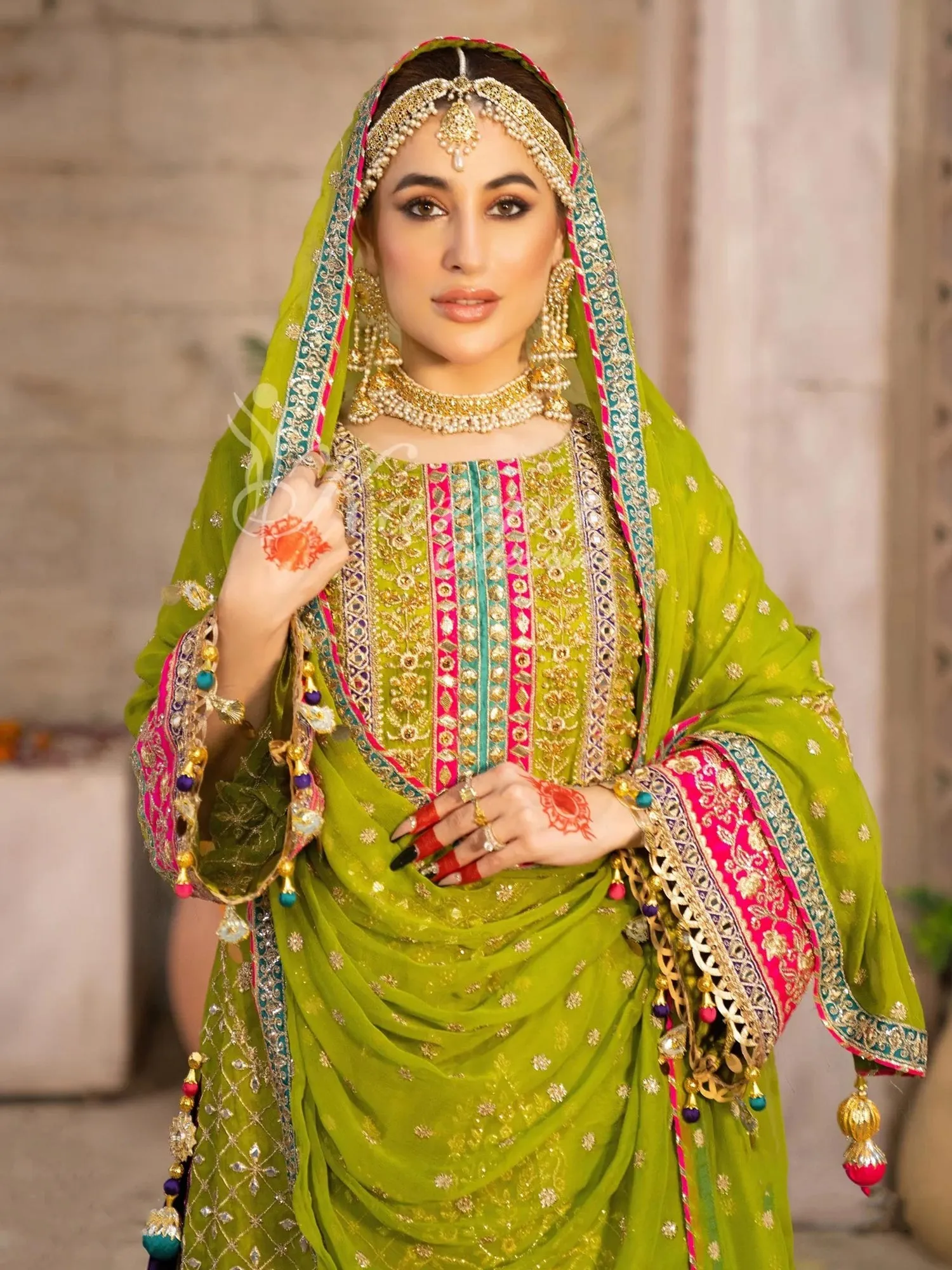 Karma Collection Green & Turquoise Chiffon Sharara Suit (F-425)