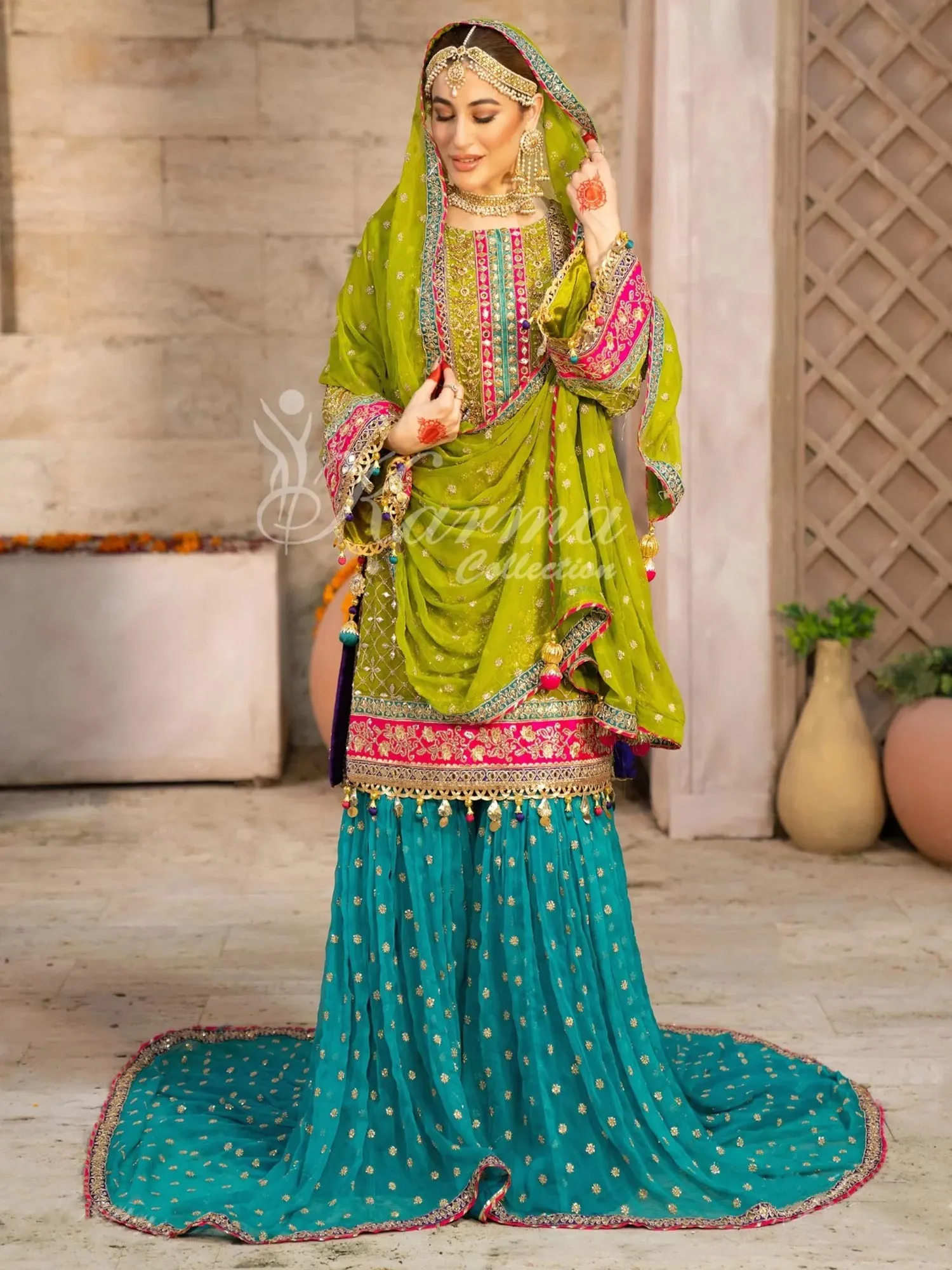 Karma Collection Green & Turquoise Chiffon Sharara Suit (F-425)