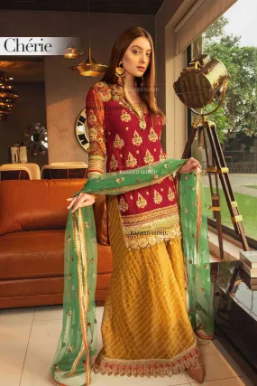 Khuda Baksh Red Chiffon Embroidered Palazzo 3-Piece Suit