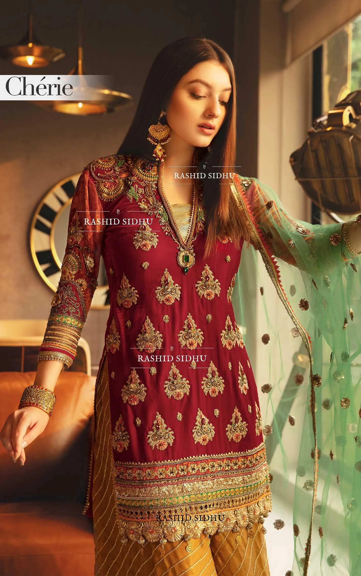 Khuda Baksh Red Chiffon Embroidered Palazzo 3-Piece Suit