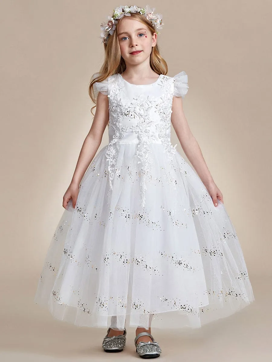 Lace Applique Flutter Sleeves Sparkle Princess Flower Girl Dress