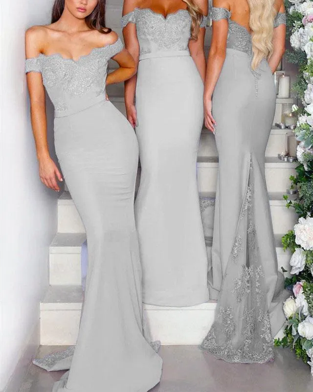 Lace Appliques V-neck Off The Shoulder Long Jersey Mermaid Bridesmaid Dress