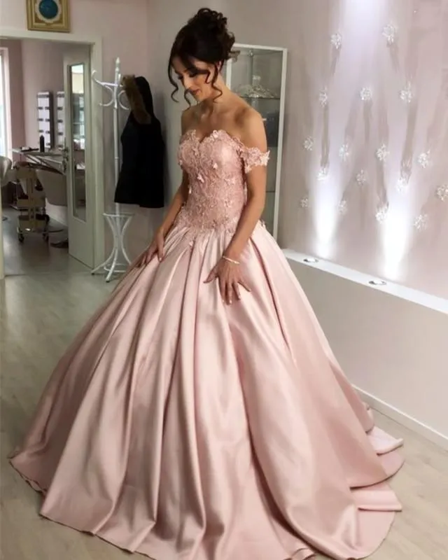 Lace Flowers Sweetheart Off The Shoulder Ball Gowns Wedding Dresses Satin