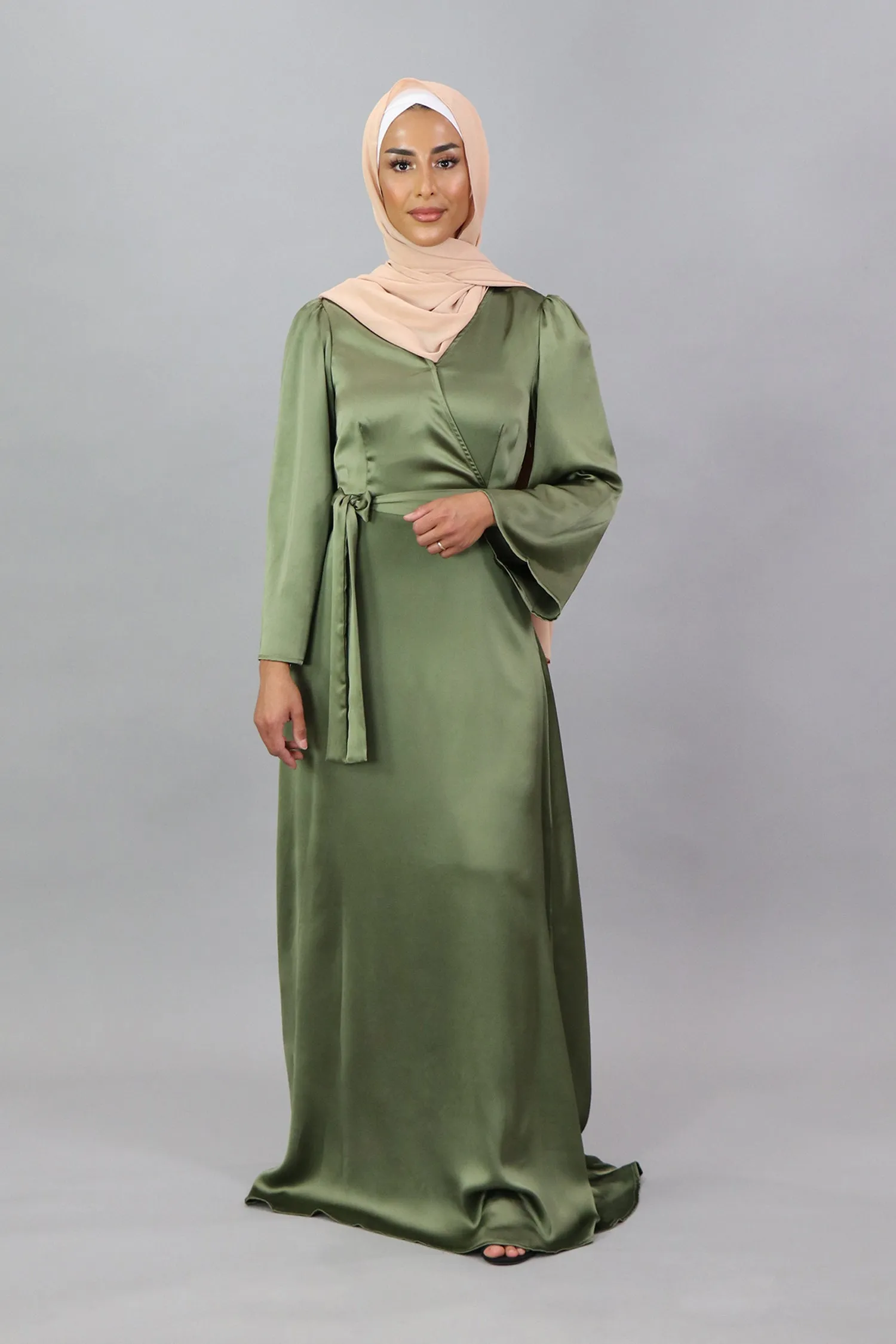 LaMeera V-Neck Satin Dress - Sage Green