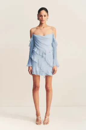 LAYLA LONG SLEEVE RUFFLE MINI DRESS - SKY