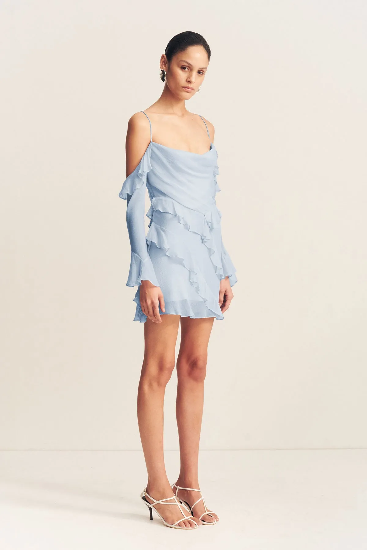 LAYLA LONG SLEEVE RUFFLE MINI DRESS - SKY