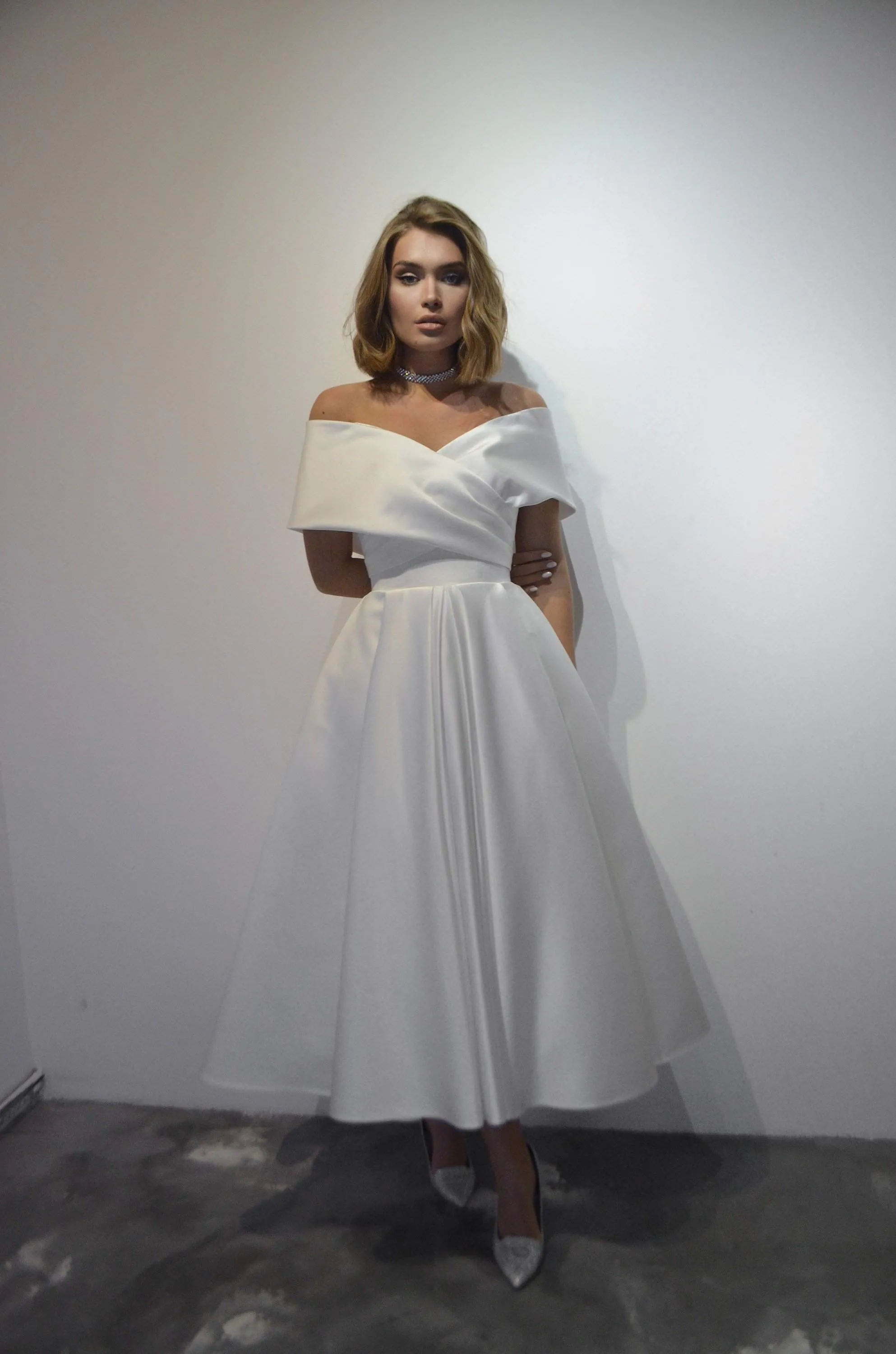 Light ivory Satin Midi Wedding Dress Cameron