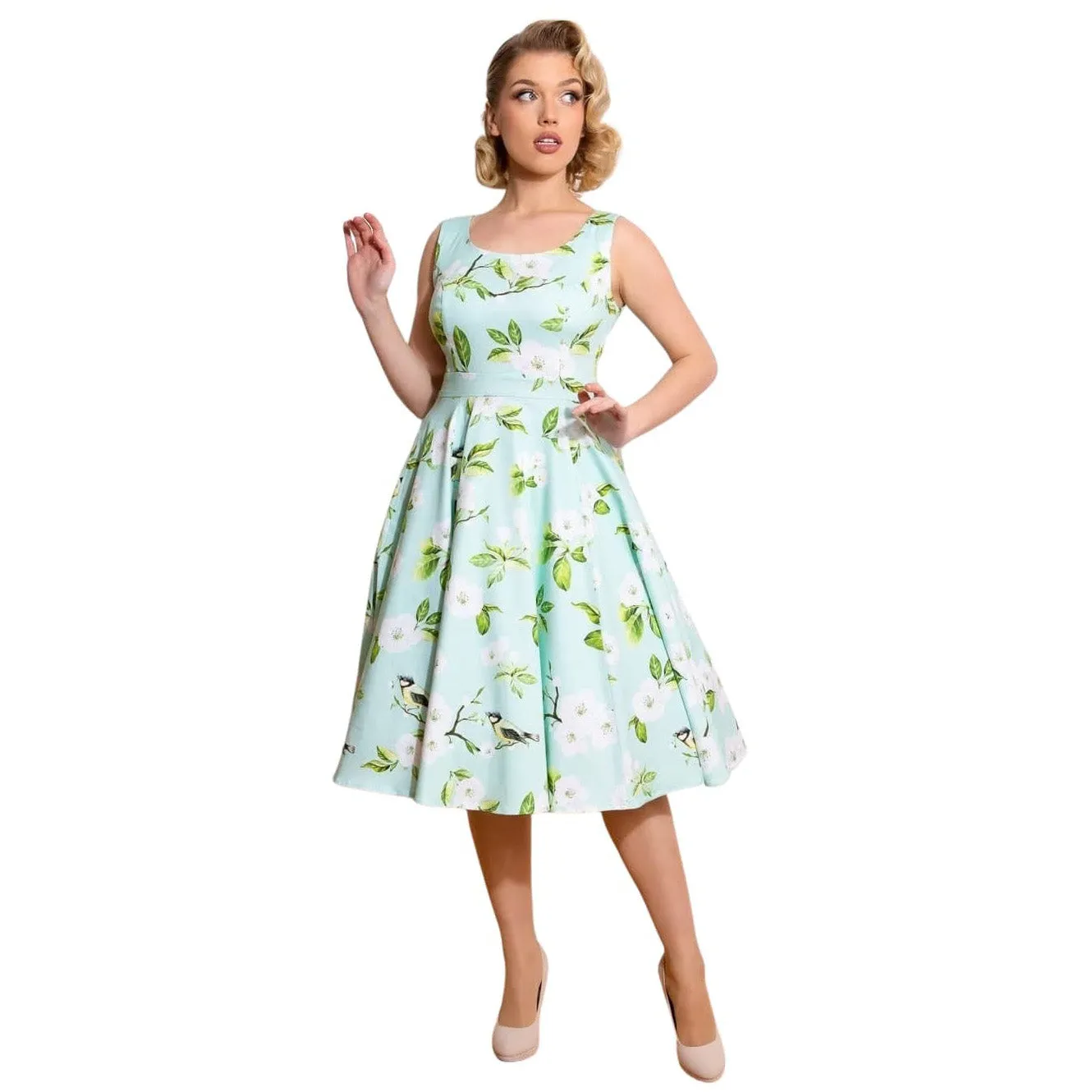 Light Mint Green Floral Print Sleeveless 50s Summer Swing Dress