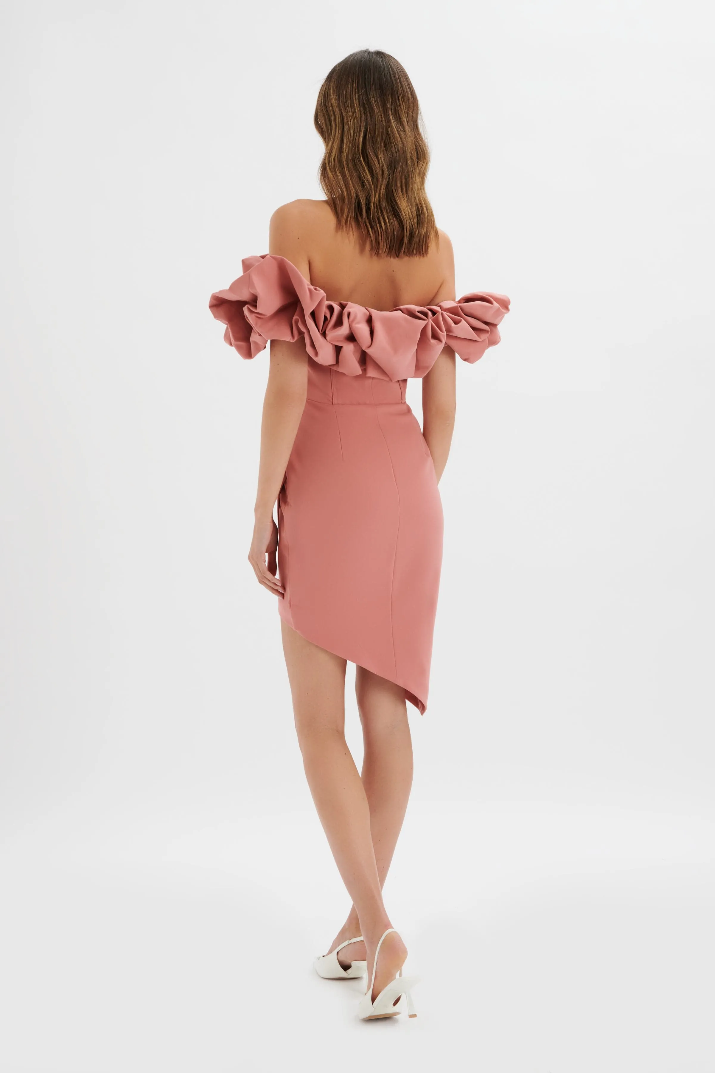 LILLY Extreme Ruffle Bardot Midi Dress In Rose Pink