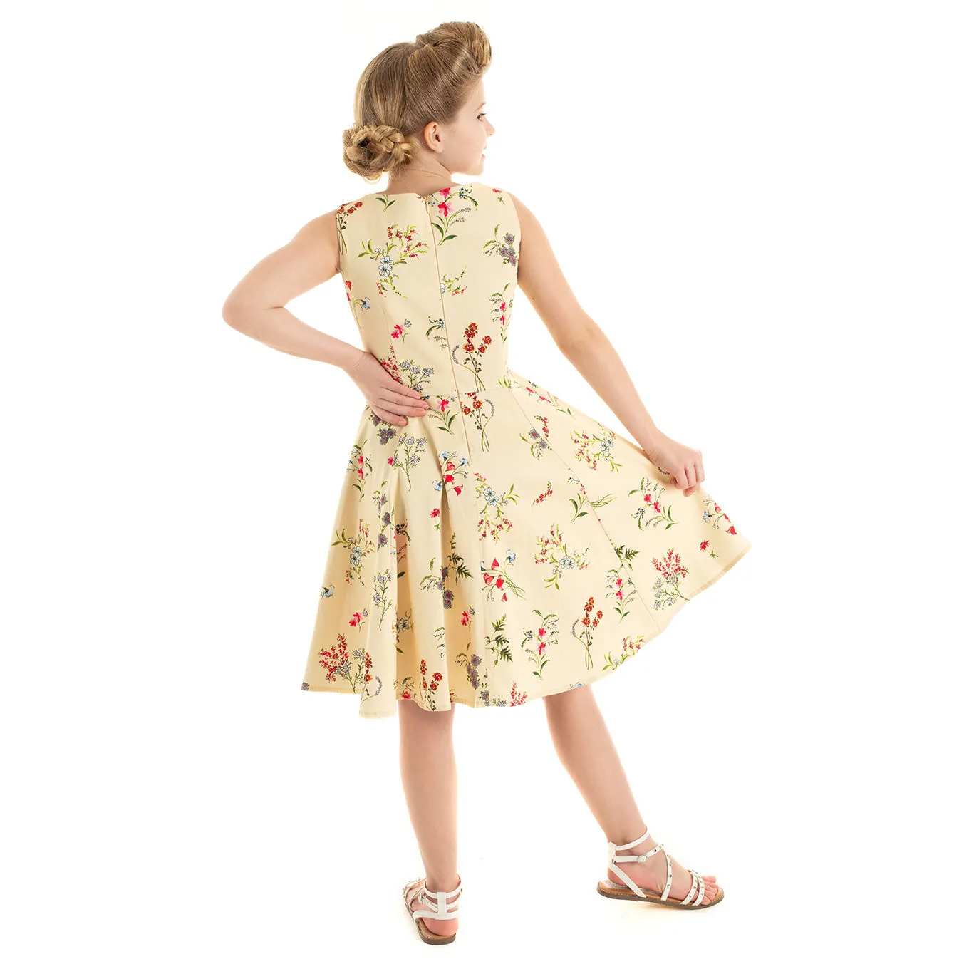 Little Kitty Girl's Pale Yellow Floral Print Party Dress