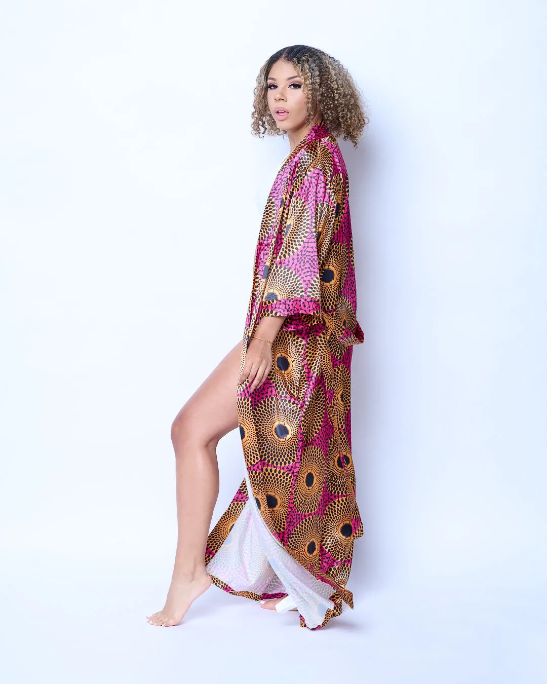 Long African Print Satin Robe Pink/Yellow